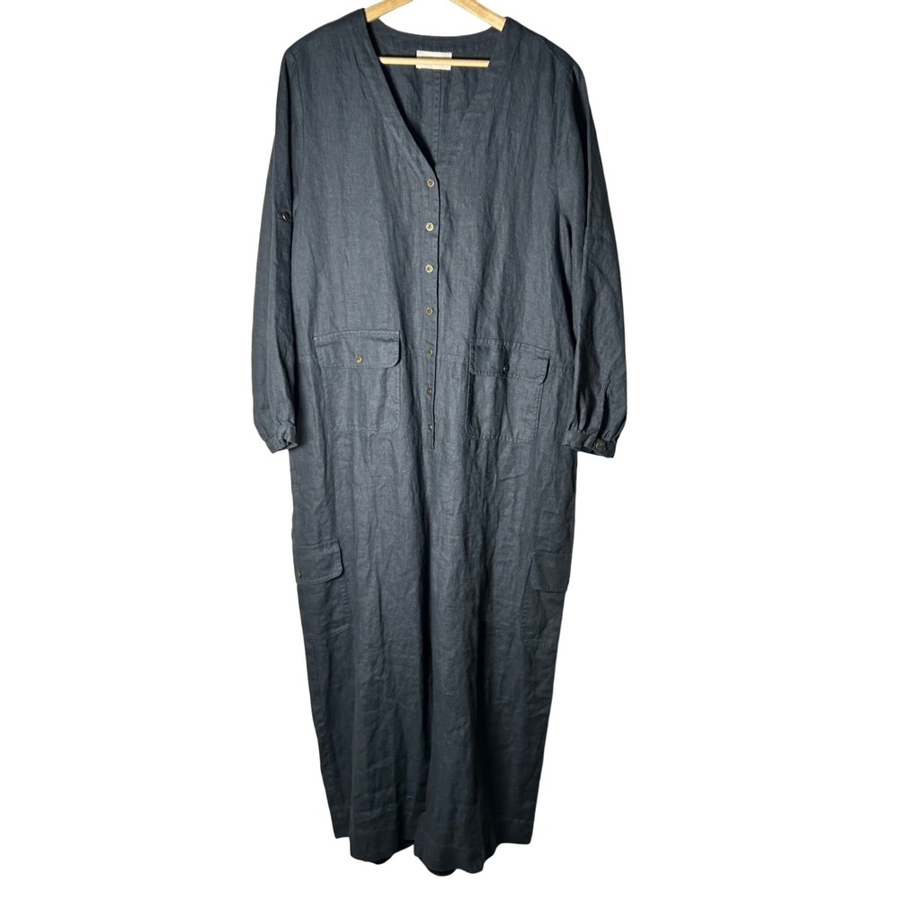Nomad The Label Jumpsuit Women L Grey Linen Utility Cargo Long Sleeve V-Neck